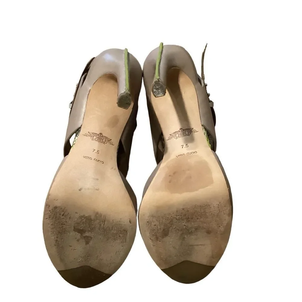 Rachel Roy Devyn Snake-Print Strappy Sandal Taupe/Lime Sz 7.5